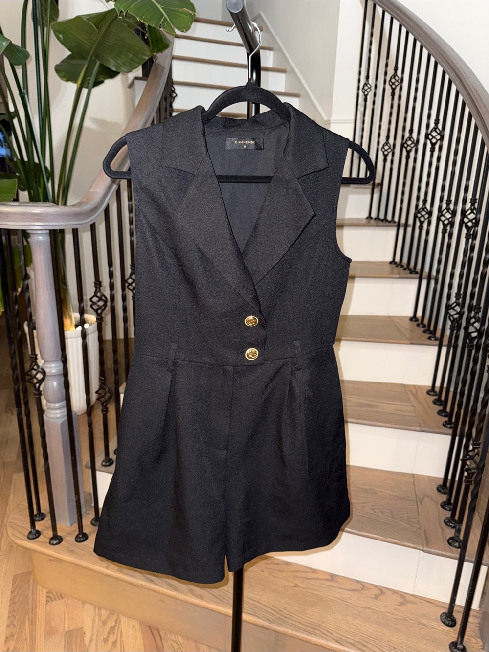 Commense Sleeveless Black Tailored Romper with Gold Buttons (Medium)